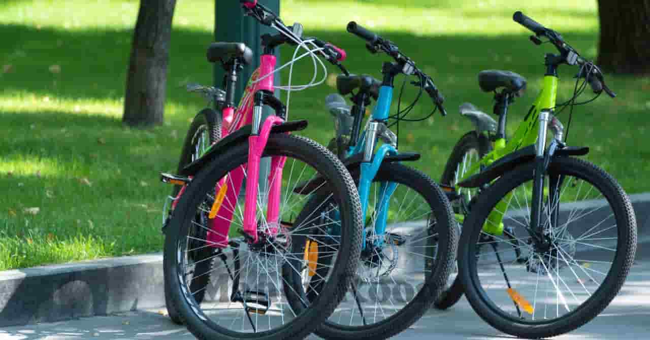 公園の舗道に並んだピンク・青・黄緑のカラフルな自転車。緑の木々に囲まれた明るい風景 