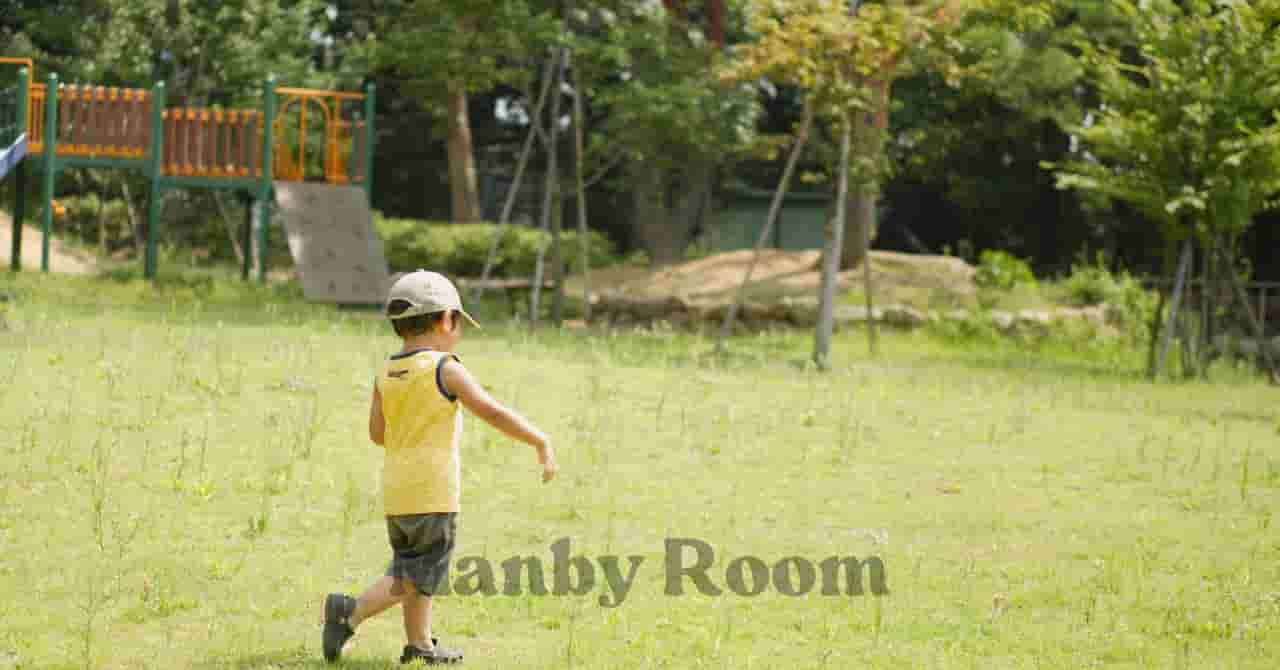 広い芝生の公園を歩く帽子をかぶった子どもの後ろ姿と遊具のある風景
