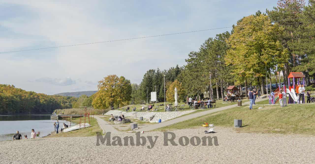 川沿いの広場で遊ぶ人々と遊具のある公園の風景。家族で1日楽しめるプレーパークの様子。
