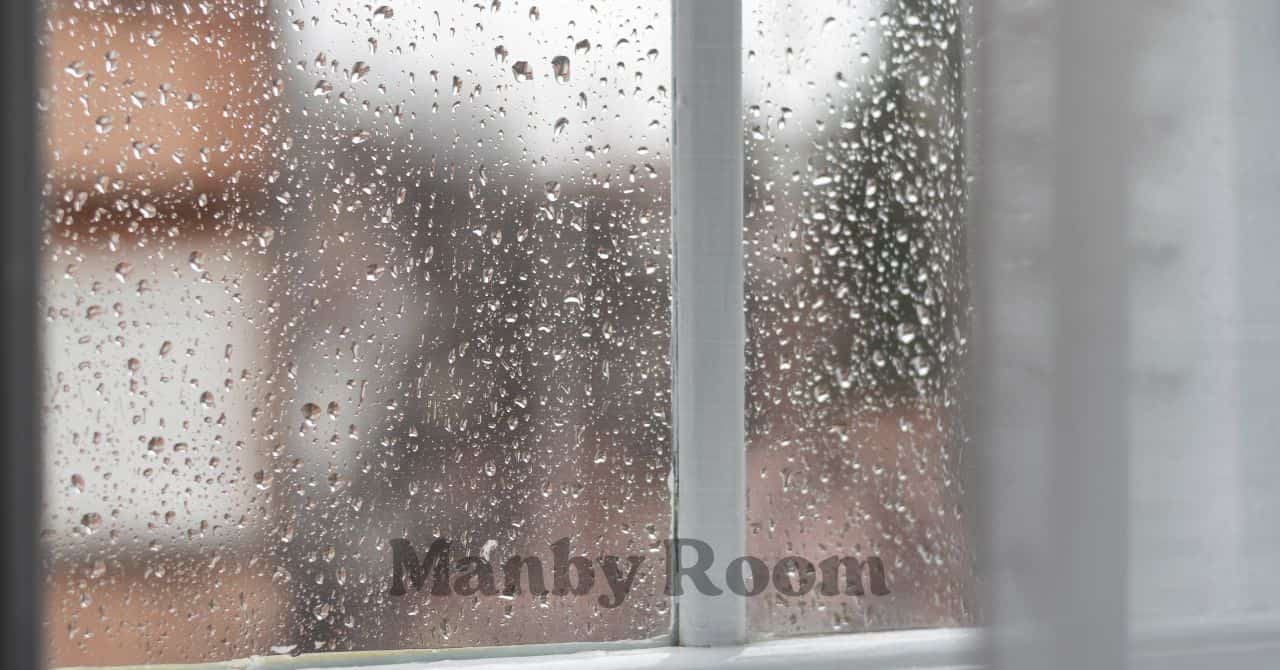 雨粒がついた窓ガラス越しの風景（雨の日にぴったりな家ピンポン遊びのイメージ）